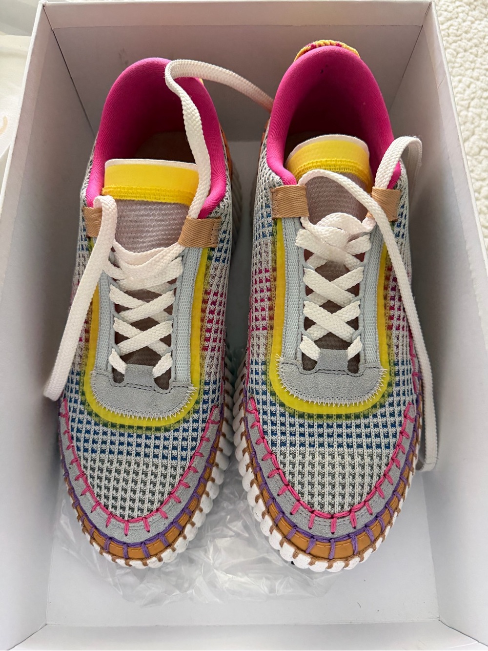 Chloe Multicolor Woven Lace-Up Sneakers — Pink & Yellow Accents